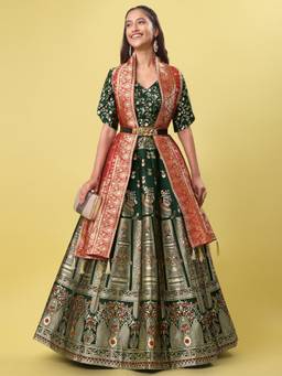 HOUSE OF PURVAJA - Women Jacquard Woven Green Stitched Lehenga with Blouse and Dupatta