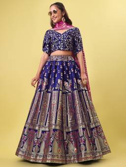 HOUSE OF PURVAJA - Women Jacquard Woven Navy Blue Stitched Lehenga with Blouse and Dupatta