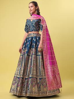 HOUSE OF PURVAJA - Women Jacquard Woven Teal Stitched Lehenga with Blouse and Dupatta