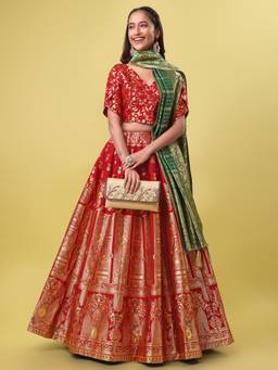 HOUSE OF PURVAJA - Women Jacquard Woven Red Stitched Lehenga with Blouse and Dupatta