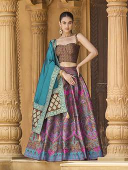 HOUSE OF PURVAJA - Women Brown Kanjivaram Stitched Lehenga with Blouse and Dupatta