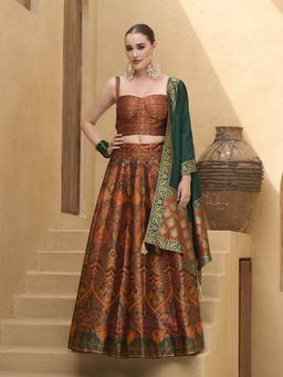 HOUSE OF PURVAJA - Women Rust Kanjivaram Stitched Lehenga with Blouse and Dupatta