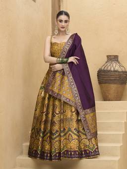 HOUSE OF PURVAJA - Women Yellow Kanjivaram Stitched Lehenga with Blouse and Dupatta