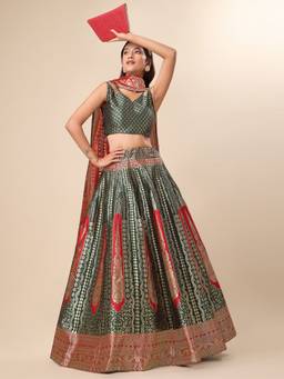 HOUSE OF PURVAJA - Women Jacquard Woven Green Stitched Lehenga with Blouse and Dupatta