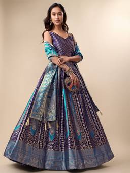 HOUSE OF PURVAJA - Women Jacquard Woven Navy Blue Stitched Lehenga with Blouse and Dupatta
