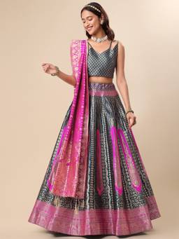 HOUSE OF PURVAJA - Women Jacquard Woven Teal Stitched Lehenga with Blouse and Dupatta