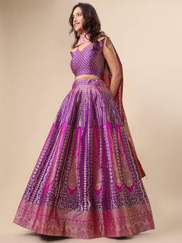HOUSE OF PURVAJA - Women Jacquard Woven Wine Stitched Lehenga with Blouse and Dupatta