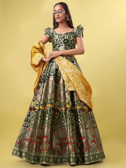 HOUSE OF PURVAJA - Women Jacquard Woven Green Stitched Lehenga with Blouse and Dupatta