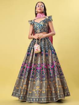 HOUSE OF PURVAJA - Women Jacquard Woven Teal Stitched Lehenga with Blouse and Dupatta