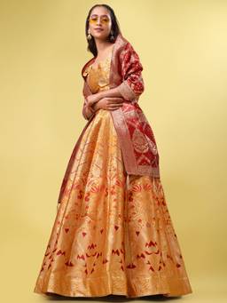 HOUSE OF PURVAJA - Women Jacquard Woven Yellow Stitched Lehenga with Blouse and Dupatta