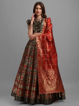 HOUSE OF PURVAJA - Women Jacquard Woven Black Stitched Lehenga with Blouse and Dupatta