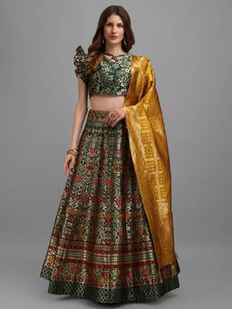 HOUSE OF PURVAJA - Women Jacquard Woven Green Stitched Lehenga with Blouse and Dupatta