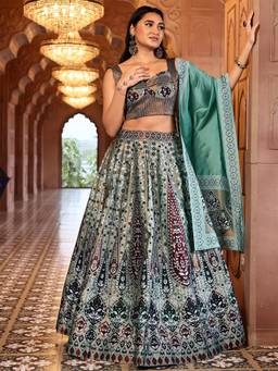 HOUSE OF PURVAJA - Women Kanjivaram Woven Green Stitched Lehenga with Blouse and Dupatta
