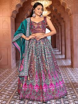 HOUSE OF PURVAJA - Women Kanjivaram Woven Turquoise Stitched Lehenga with Blouse and Dupatta