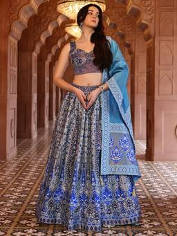 HOUSE OF PURVAJA - Women Kanjivaram Woven Teal Stitched Lehenga with Blouse and Dupatta