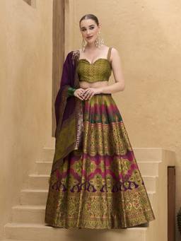 HOUSE OF PURVAJA - Women Olive Kanjivaram Stitched Lehenga with Blouse and Dupatta