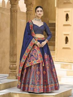HOUSE OF PURVAJA - Women Navy Blue Jacquard Stitched Lehenga with Blouse and Dupatta