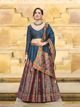 HOUSE OF PURVAJA - Women Teal Jacquard Stitched Lehenga with Blouse and Dupatta