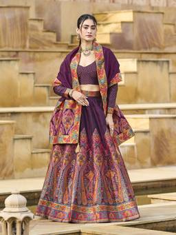 HOUSE OF PURVAJA - Women Wine Jacquard Stitched Lehenga with Blouse and Dupatta