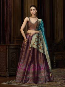 HOUSE OF PURVAJA - Women Brown Kanjivaram Stitched Lehenga with Blouse and Dupatta