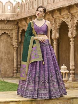 HOUSE OF PURVAJA - Women Purple Kanjivaram Stitched Lehenga with Blouse and Dupatta