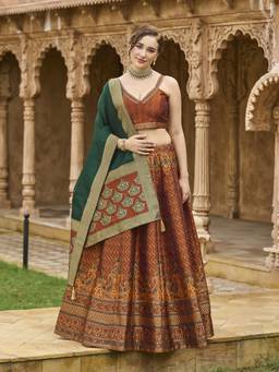 HOUSE OF PURVAJA - Women Rust Kanjivaram Stitched Lehenga with Blouse and Dupatta