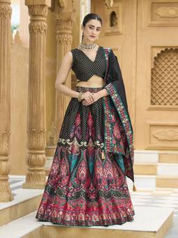 HOUSE OF PURVAJA - Women Black Jacquard Stitched Lehenga with Blouse and Dupatta