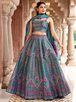 HOUSE OF PURVAJA - Women Kanjivaram Woven Turquoise Stitched Lehenga with Blouse and Dupatta