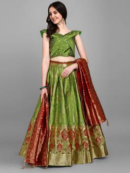 HOUSE OF PURVAJA - Women Jacquard Woven Olive Stitched Lehenga with Blouse and Dupatta