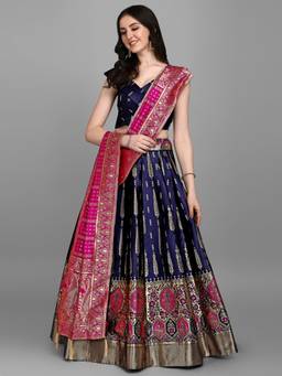 HOUSE OF PURVAJA - Women Jacquard Woven Navy Blue Stitched Lehenga with Blouse and Dupatta
