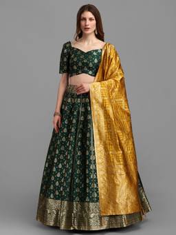 HOUSE OF PURVAJA - Women Jacquard Woven Green Stitched Lehenga with Blouse and Dupatta