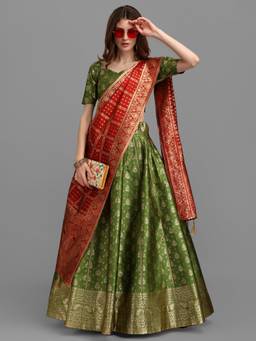 HOUSE OF PURVAJA - Women Jacquard Woven Olive Stitched Lehenga with Blouse and Dupatta