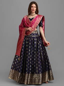 HOUSE OF PURVAJA - Women Jacquard Woven Navy Blue Stitched Lehenga with Blouse and Dupatta