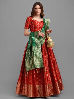 HOUSE OF PURVAJA - Women Jacquard Woven Red Stitched Lehenga with Blouse and Dupatta