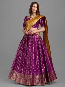 HOUSE OF PURVAJA - Women Jacquard Woven Wine Stitched Lehenga with Blouse and Dupatta
