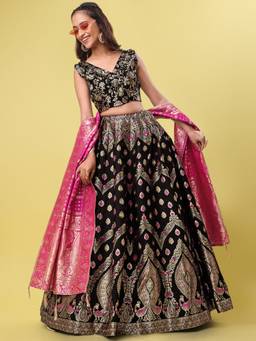 HOUSE OF PURVAJA - Women Jacquard Woven Black Stitched Lehenga with Blouse and Dupatta