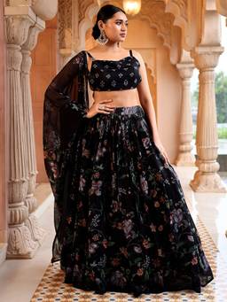 HOUSE OF PURVAJA - Women Crochet Work Printed Black Stitched Lehenga with Blouse and Dupatta