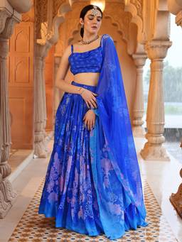 HOUSE OF PURVAJA - Women Crochet Work Printed Blue Stitched Lehenga with Blouse and Dupatta