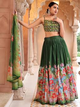 HOUSE OF PURVAJA - Women Crochet Work Printed Green Stitched Lehenga with Blouse and Dupatta