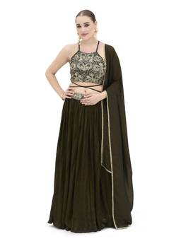 HOUSE OF PURVAJA - Women Olive Embroidered Silk Stitched Lehenga with Blouse and Dupatta