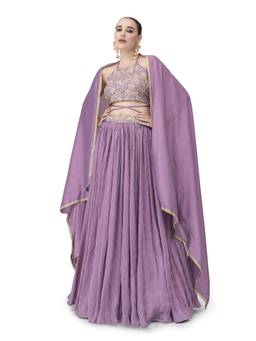 HOUSE OF PURVAJA - Women Purple Embroidered Silk Stitched Lehenga with Blouse and Dupatta