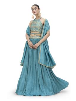 HOUSE OF PURVAJA - Women Aqua Embroidered Silk Stitched Lehenga with Blouse and Dupatta