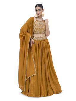 HOUSE OF PURVAJA - Women Yellow Embroidered Silk Stitched Lehenga with Blouse and Dupatta