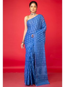 Unnati Silks - Blue Pure Block Printed Superfine Mulmul Cotton Saree with Unstitched Blouse
