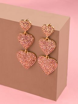 Lilly & Sparkle - Gold Toned Pink Stone Studed Triple Heart Dangler Earrings