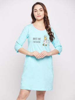 Clovia - Graphic Print Sleep Tee - 100 Percent Cotton -Blue