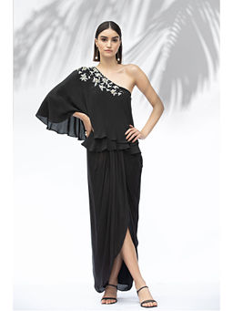 MANDIRA WIRK - Black One Off Shoulder Top With Draped Skirt (Set Of 2)