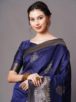 Akhilam - Navy Blue Festive Silk Blend Woven Design Saree with Unstitched Blouse with Unstitched