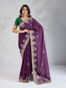 VAIRAGEE - Rcb Wine Saree with Unstiched Blouse