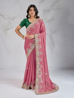 VAIRAGEE - Rcb Pink Saree with Unstiched Blouse